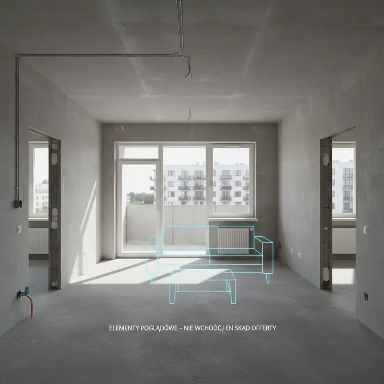 Realistyczna wizualizacja 3D pustego mieszkania w standardzie deweloperskim z widocznymi ścianami, wylewkami i instalacjami