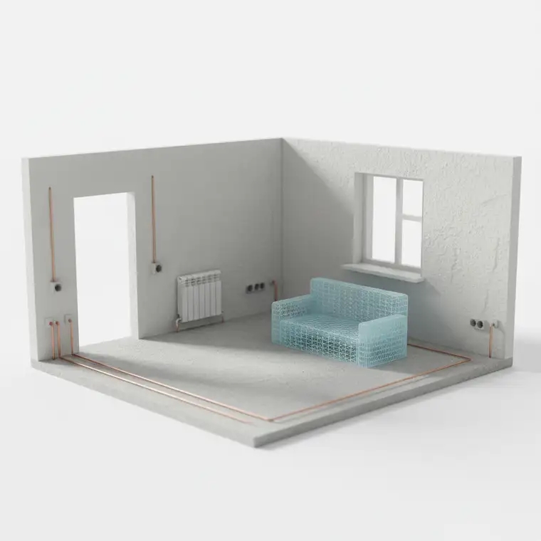 Wizualizacja 3D mieszkania w standardzie deweloperskim pokazująca układ ścian, okien i instalacji jako wsparcie dla deweloperów i kupujących