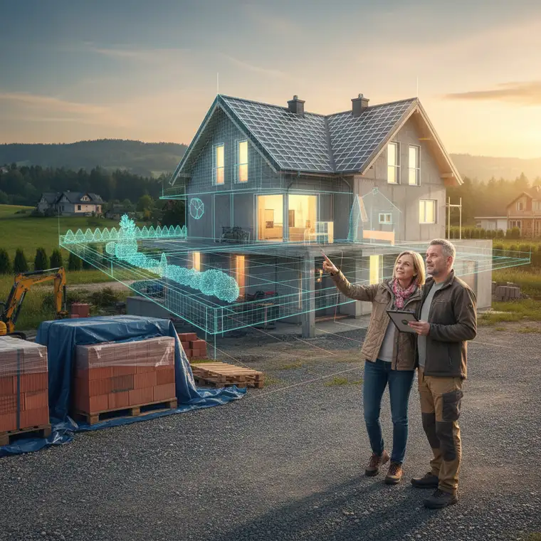 Realistyczne wnętrze domu z wizualizacji 3D, pokazujące ergonomię kuchni i salonu przed rozpoczęciem budowy