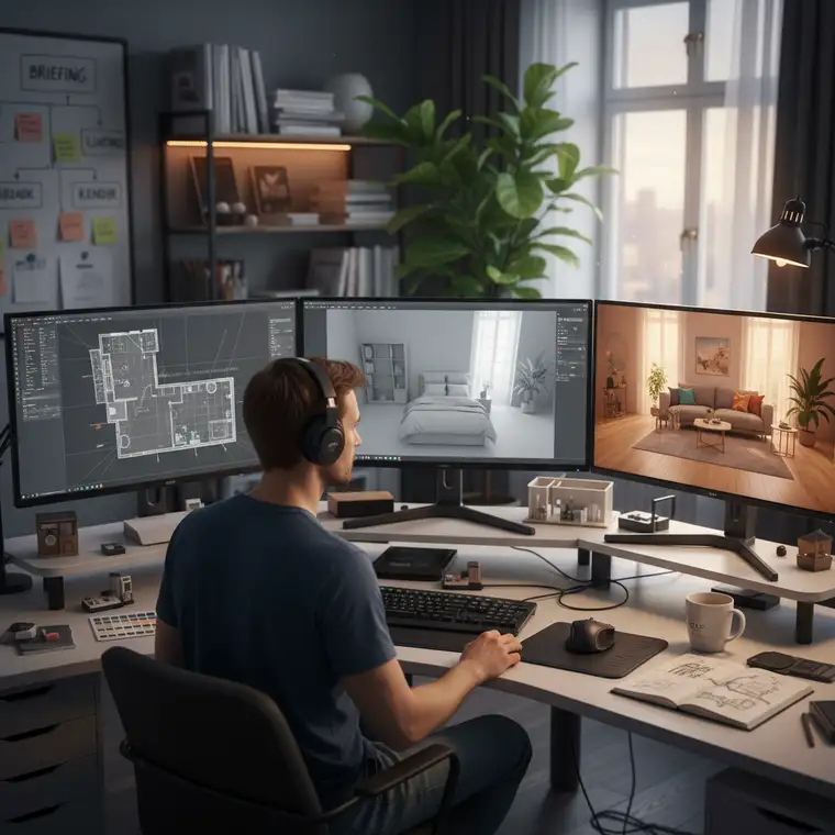 Wizualizacja 3D małej kawalerki na wynajem, z widoczną łazienką i aneksem kuchennym, ilustrująca efekt końcowy procesu renderowania