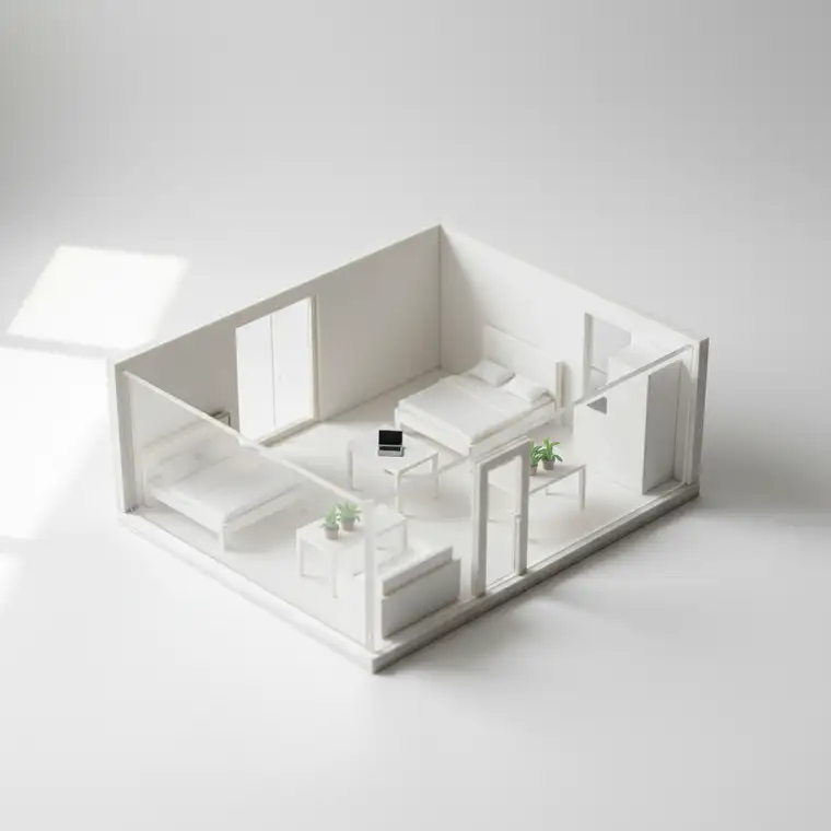 Fotorealistyczna wizualizacja 3D kawalerki pod wynajem krótkoterminowy, prezentująca salon z aneksem i pokazująca potencjał małej przestrzeni