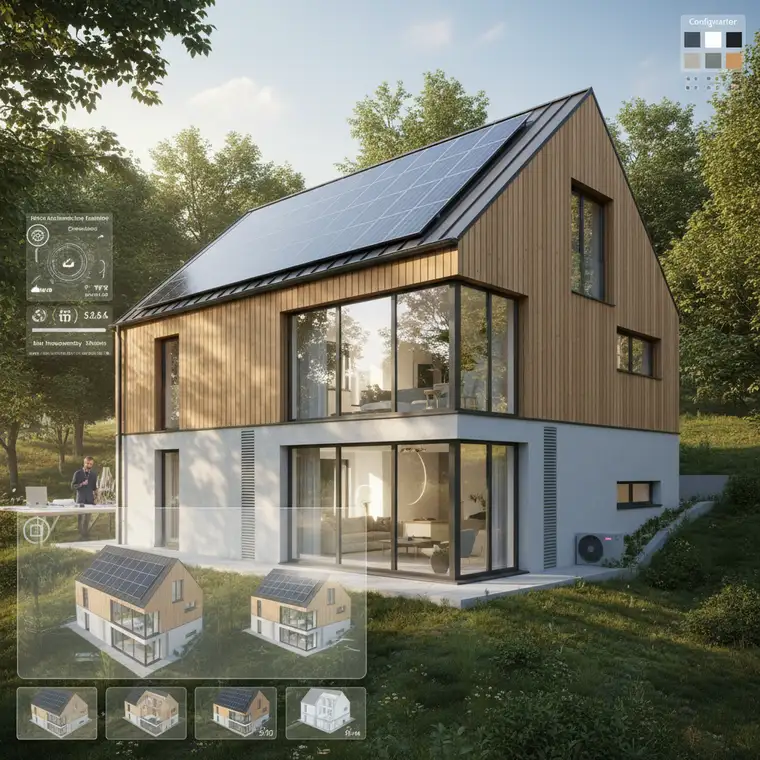 Wizualizacja 3D domu energooszczędnego z panelami fotowoltaicznymi, pompą ciepła i rekuperacją, pokazująca integrację instalacji z architekturą