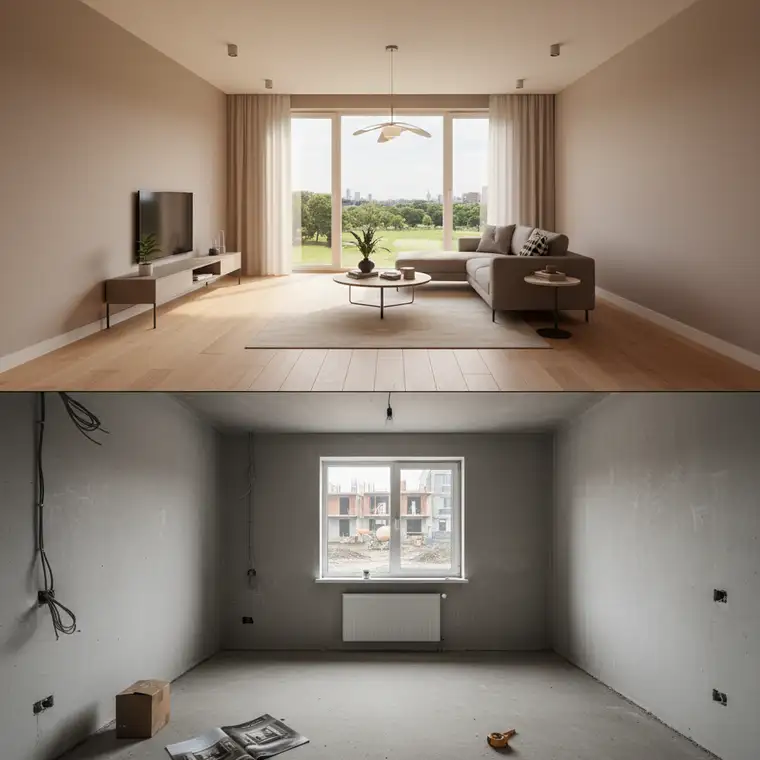 Rzeczywiste wnętrze nowego mieszkania w stanie deweloperskim zestawione z wizualizacją 3D, pokazujące różnice w standardzie