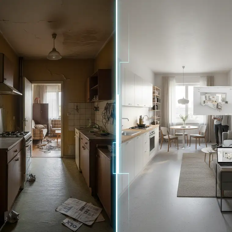 Fotorealistyczna wizualizacja 3D salonu w mieszkaniu z wielkiej płyty po remoncie, pokazująca ergonomiczny układ i efekt końcowy inwestycji