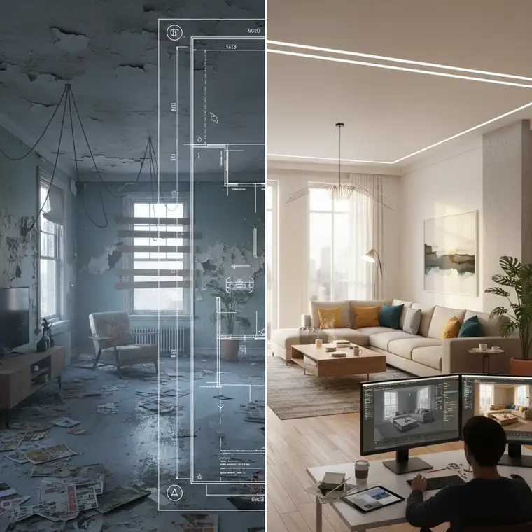 Nowoczesna wizualizacja 3D mieszkania prezentująca strefę dzienną, idealna dla inwestorów flipujących i briefu dla grafika