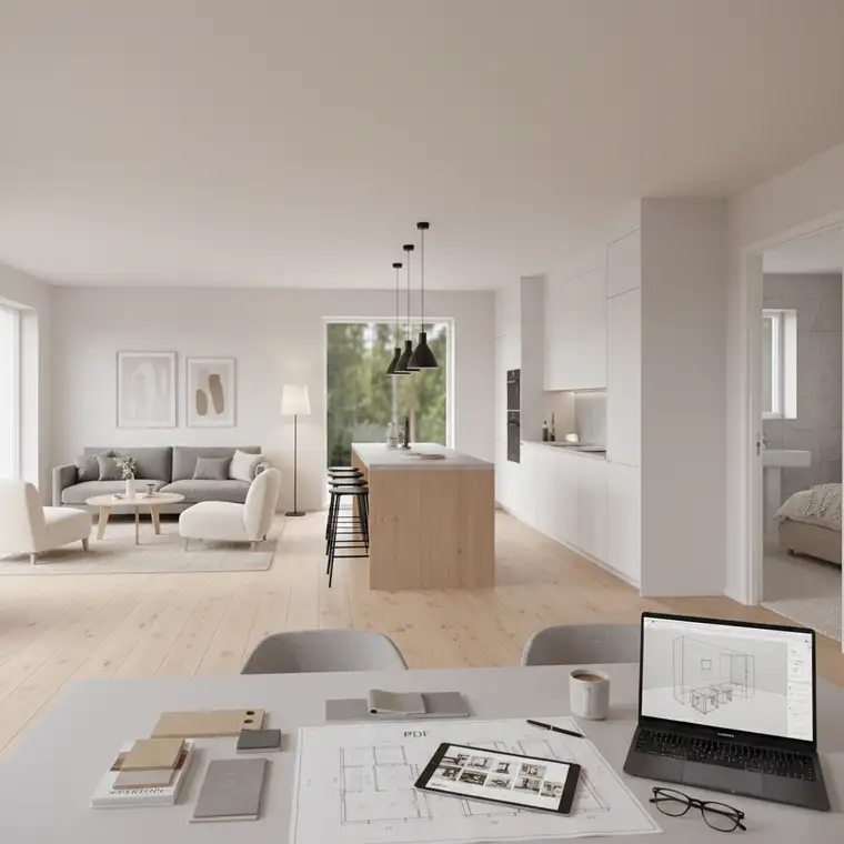 Wizualizacja 3D neutralnej kuchni w domu katalogowym, białe fronty, jasne drewno i delikatne oświetlenie