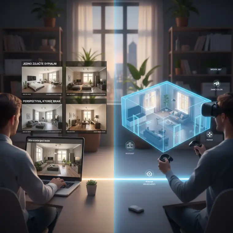 Widok wirtualnego spaceru 3D po nowoczesnym mieszkaniu na sprzedaż pokazujący szczegóły wnętrza i realistyczną prezentację nieruchomości