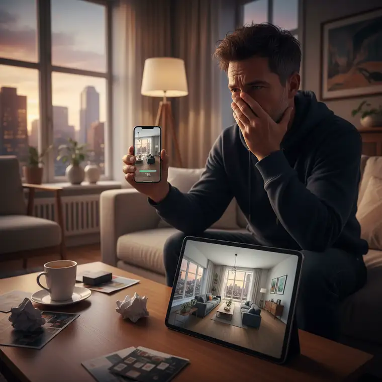 Osoba ogląda wirtualny spacer 3D mieszkania na smartfonie, optymalizacja ładowania i wygodne doświadczenie użytkownika