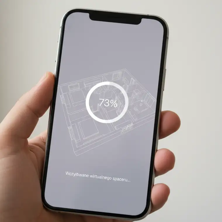 Smartfon z wirtualnym spacerem 3D mieszkania, ekran ładowania i zniecierpliwiony klient, problem z długim ładowaniem oferty