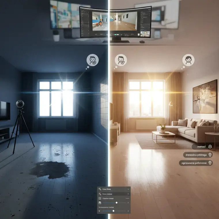 Wirtualny spacer 3D pustego mieszkania po cyfrowym home stagingu, z dodanymi meblami i hotspotami opisującymi parametry nieruchomości