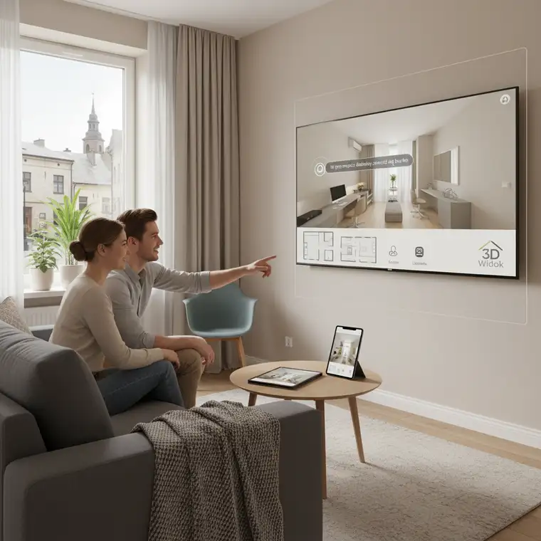 Nowoczesna prezentacja kawalerki 30 m2 w małym mieście, wirtualny spacer 3D dla najmu długoterminowego na ekranie komputera