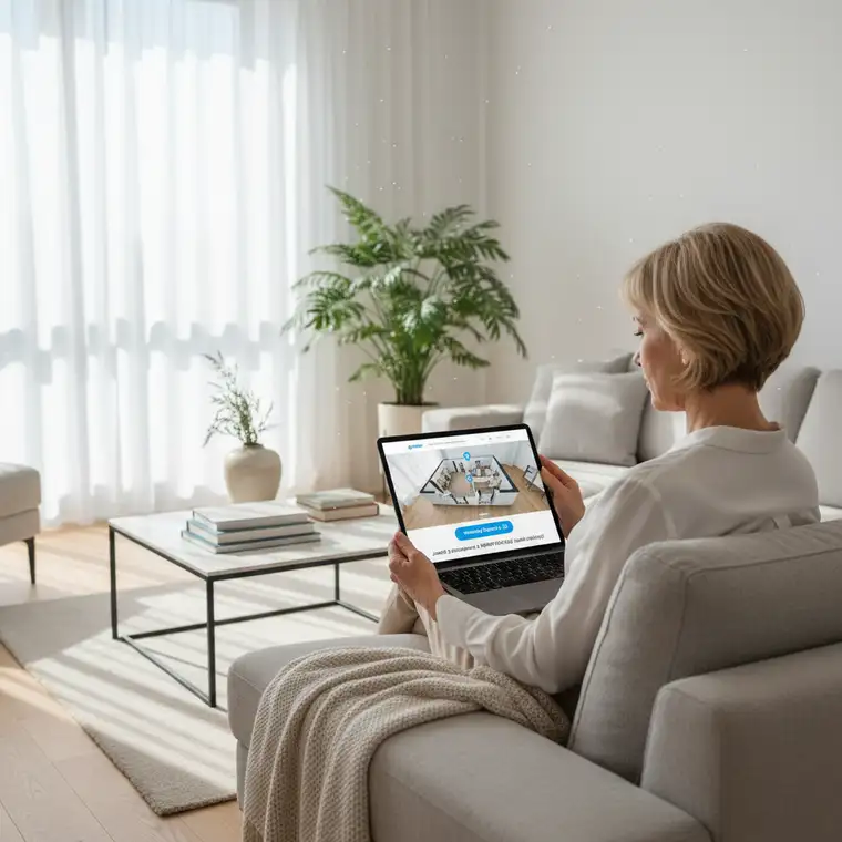 Widok wirtualnego spaceru 3D prezentujący plan mieszkania i interaktywne punkty nawigacyjne, ułatwiający właścicielowi bez doświadczenia marketingowego sprzedaż lokalu