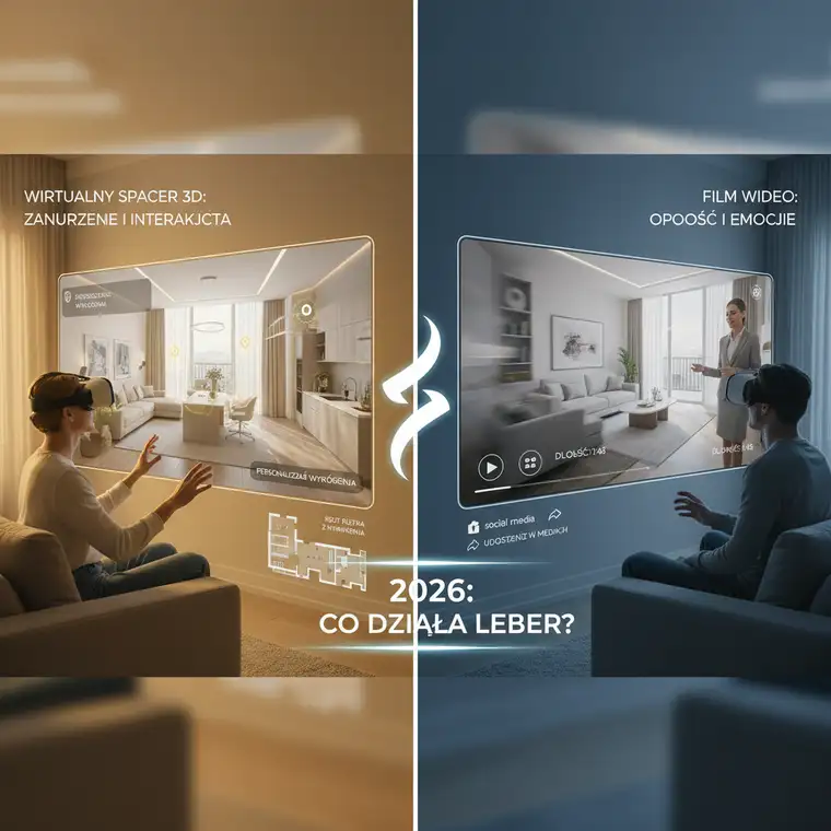 Połączenie wirtualnego spaceru 3D i filmu wideo w marketingu mieszkania na sprzedaż, strategia prezentacji nieruchomości w 2026 roku