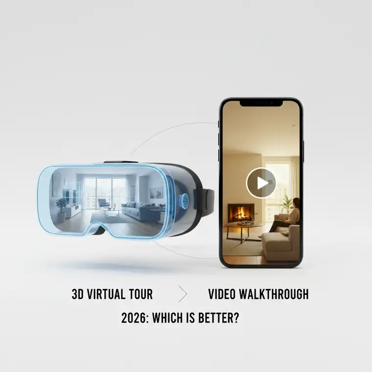Nowoczesny wirtualny spacer 3D prezentujący mieszkanie na sprzedaż w 2026 roku, porównanie z filmem wideo jako narzędziem marketingu nieruchomości