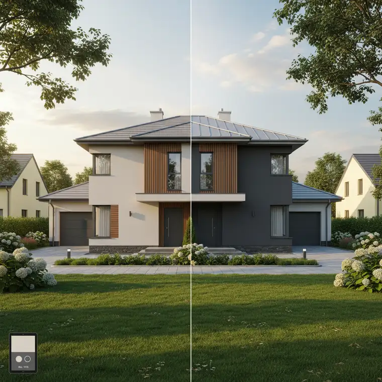 Nowoczesny dom jednorodzinny – wizualizacja 3D porówniająca kilka kolorów elewacji i detali fasady w kontekście otoczenia