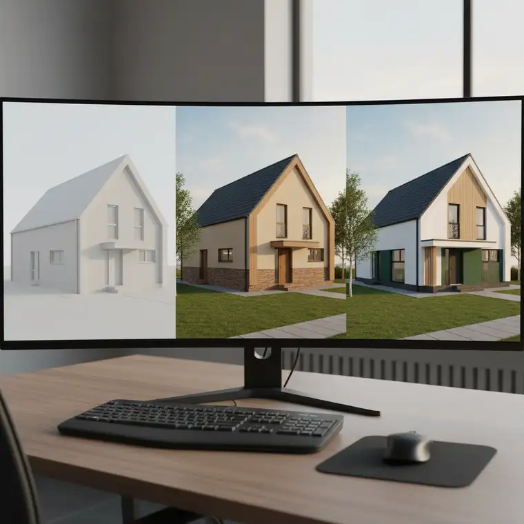 Wizualizacja elewacji domu z dachem dwuspadowym, z podziałem kolorów i fakturą drewna oraz tynku, tworząca głębię i eliminująca efekt klocka