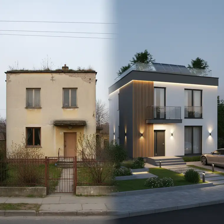 Wizualizacja 3D elewacji domu z lat 70. z rozbudowanym otoczeniem, ogrodem i podjazdem, pokazująca pełen zakres projektu