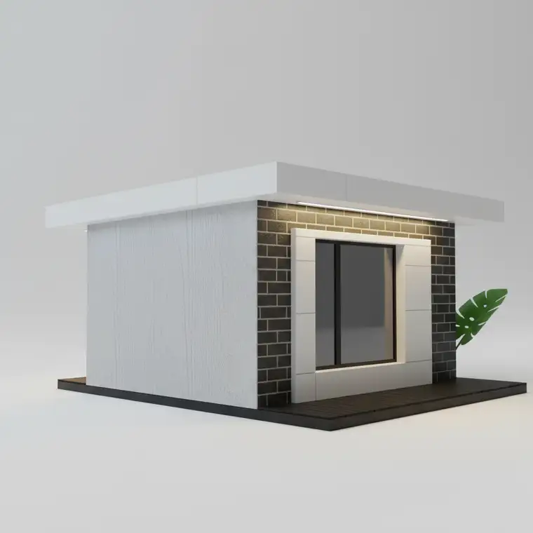 Fotorealistyczna wizualizacja 3D nowej elewacji domu z lat 70., pokazująca metamorfozę kostki i szczegółowe materiały