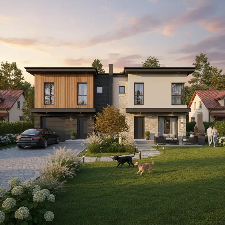 Wizualizacja 3D elewacji bliźniaka z realistycznym drewnem, tynkiem i cegłą, pokazana z dopracowaną zielenią i detalami otoczenia