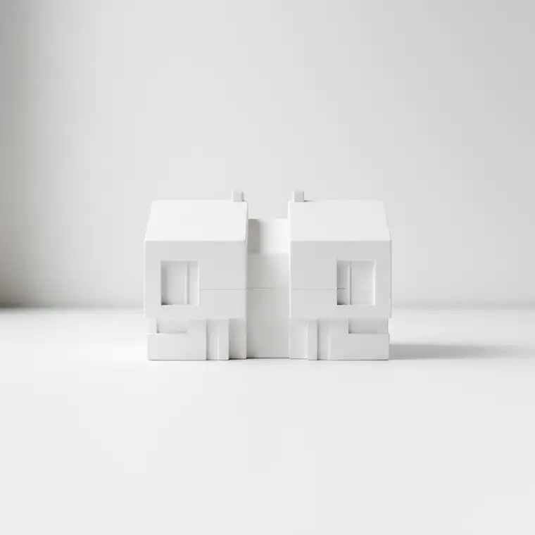 Realistyczna wizualizacja 3D elewacji bliźniaka w kontekście działki i otoczenia, z dopracowanymi materiałami i oświetleniem