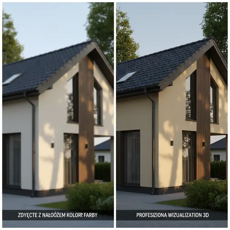 Wizualizacja 3D elewacji domu z ociepleniem – realistyczne odwzorowanie tynku, drewna i otoczenia budynku