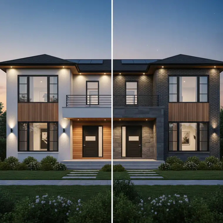 Wizualizacja 3D frontowej elewacji domu podczas wyboru kolorystyki tynku i detali, pomocna przy małym budżecie inwestora