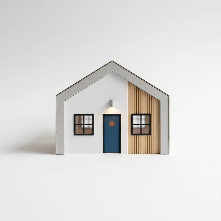 Nowoczesny dom jednorodzinny – wizualizacja 3D elewacji frontowej pokazująca kolory tynku, stolarkę i oświetlenie przy ograniczonym budżecie