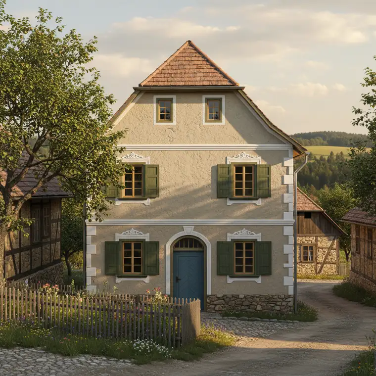 Wizualizacja 3D elewacji domu w krajobrazie zabytkowej wsi, z tradycyjnym dachem, tynkiem i drewnianymi detalami zaakceptowanymi przez konserwatora