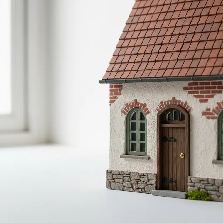 Wizualizacja 3D elewacji domu we wsi pod ochroną konserwatora, pokazująca dopasowanie bryły, dachu i kolorystyki do tradycyjnej zabudowy