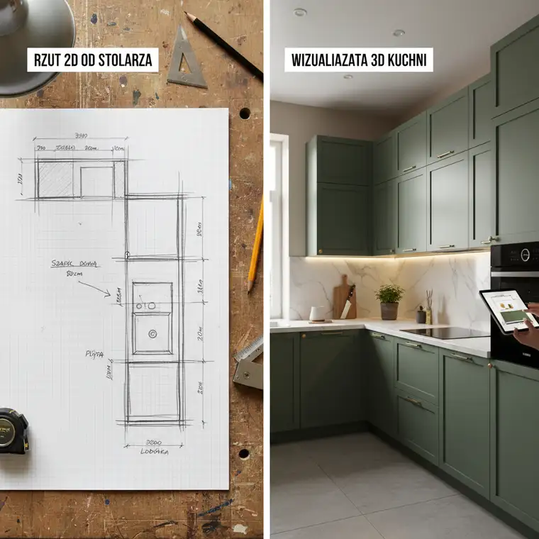 Nowoczesna wizualizacja 3D kuchni na zamówienie w otwartej strefie dziennej, pokazująca spójność z salonem