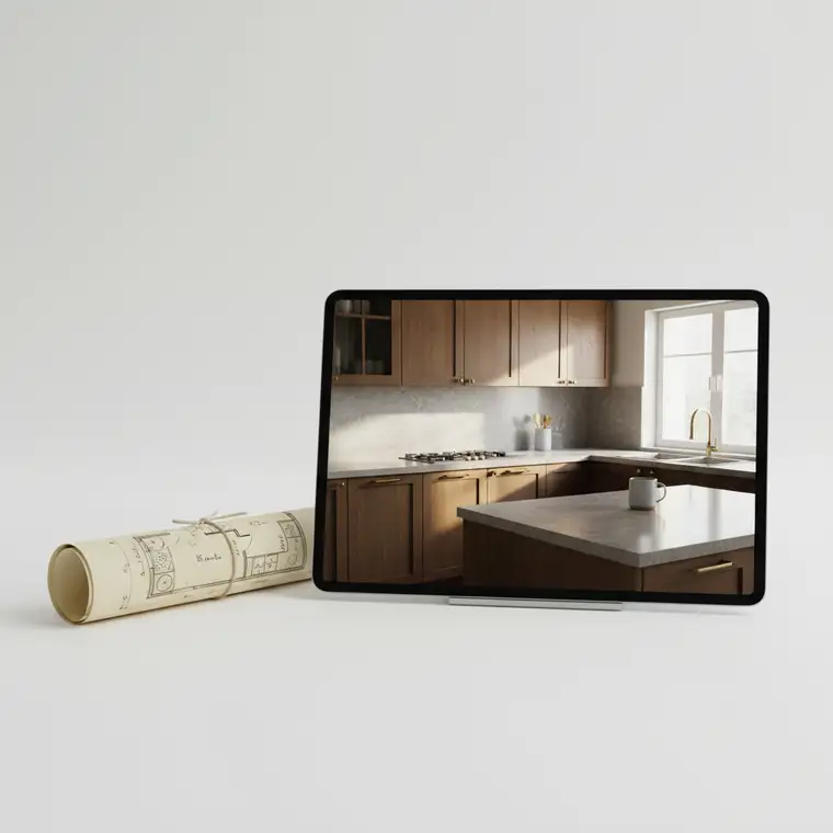 Fotorealistyczna wizualizacja 3D kuchni na wymiar z wyspą, pokazująca różnicę względem płaskiego rzutu 2D od stolarza