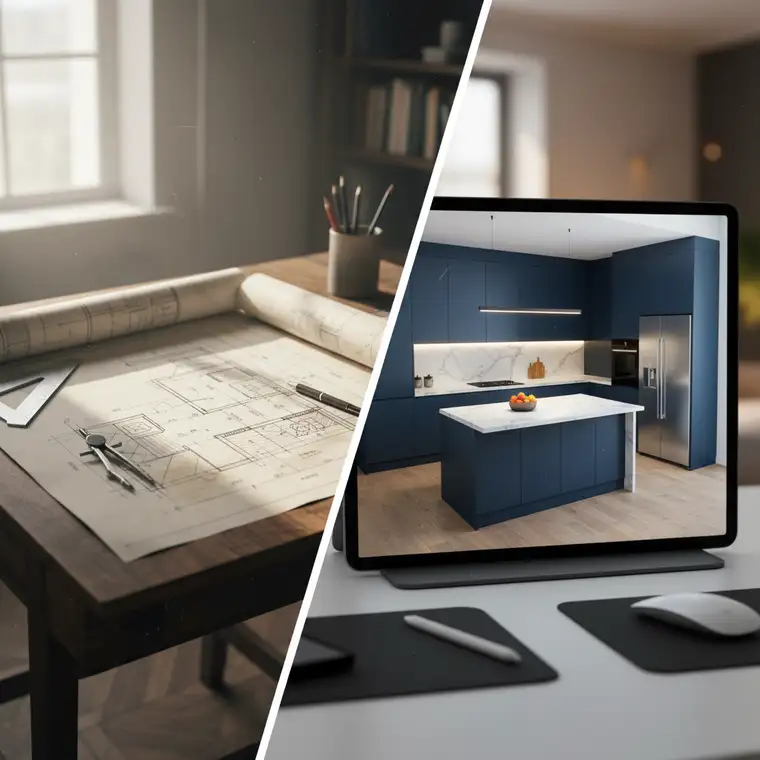 Wizualizacja 3D kuchni na wymiar a rzut 2D stolarza