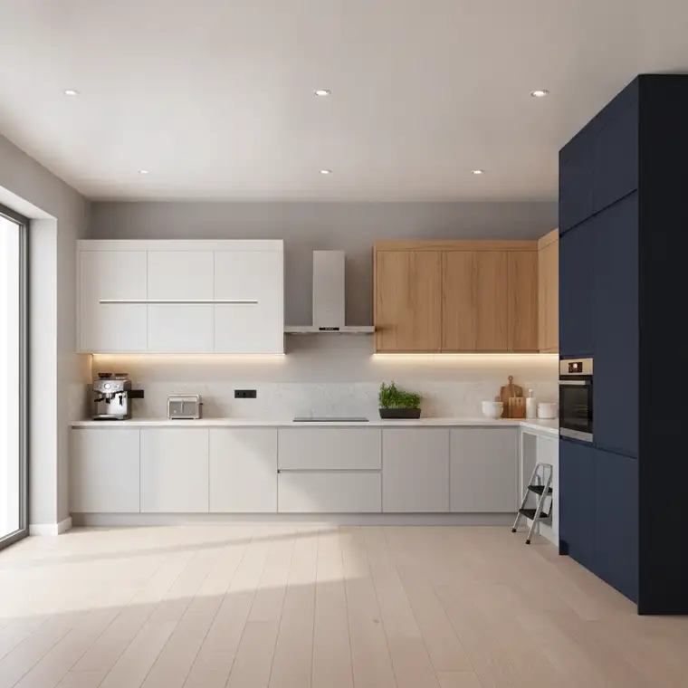 Nowoczesna kuchnia 3D z zabudową szafek górnych do sufitu 260 cm, pokazująca ergonomię i proporcje mebli