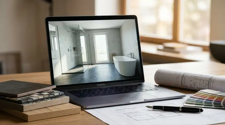 Koszt wizualizacji 3D łazienki z prysznicem walk-in i wanną wolnostojącą