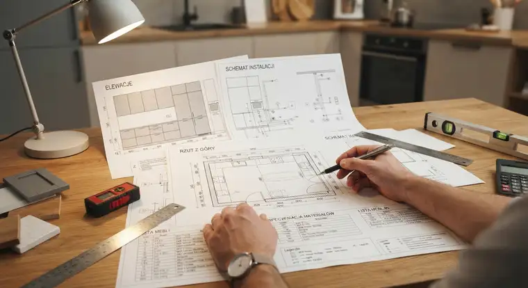 Rzuty ścian i schemat instalacji elektrycznej w kompletnym projekcie kuchni od producenta