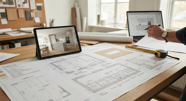 Projekt kuchni u architekta z zabudową w kształcie litery U, frontami w jasnym kolorze i wizualizacją 3D całego wnętrza