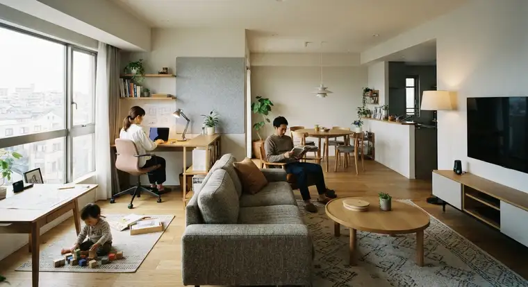 Projekt aranżacji salonu z podziałem na strefy, nowoczesna sofa, stolik kawowy i jadalnia widoczne na wizualizacji 3D wnętrza