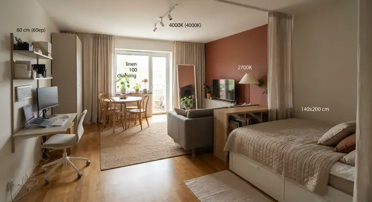 Funkcjonalna aranżacja salonu 25 m2 z biurkiem, stołem i sofą. Wizualizacja pokazuje podział przestrzeni na strefy.