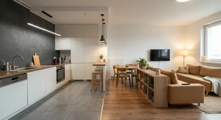 Aranżacja salonu z aneksem kuchennym w bloku z oświetleniem LED nad blatem i wydzieloną strefą wypoczynkową z wygodną kanapą